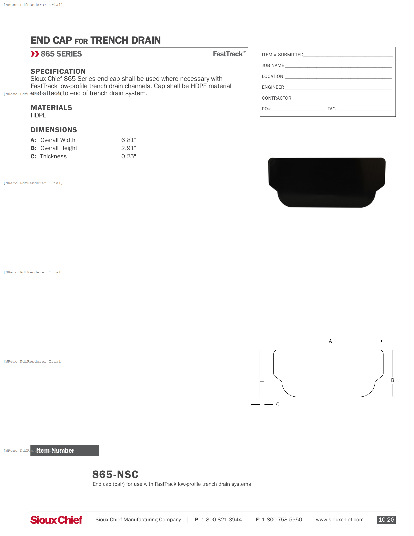 865-NSC - LP TRENCH DRAIN END CAP - SPEC SHEET.PDF Specification Document